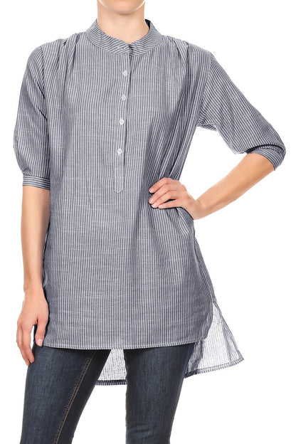 Camisa informal de mujer de tejido Chambray con botones y rayas largas