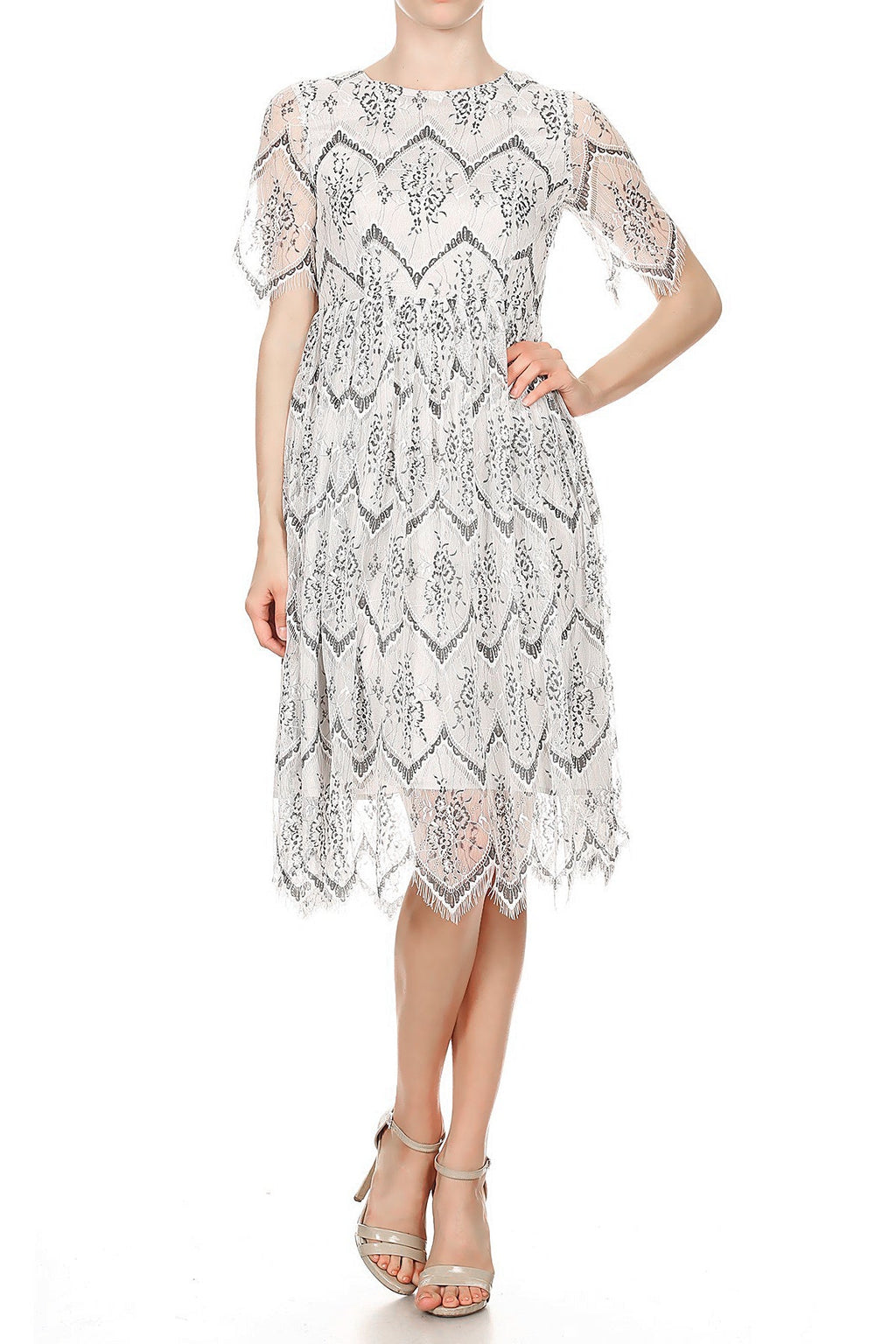Vestido midi ligero con cremallera suave y encaje floral vintage