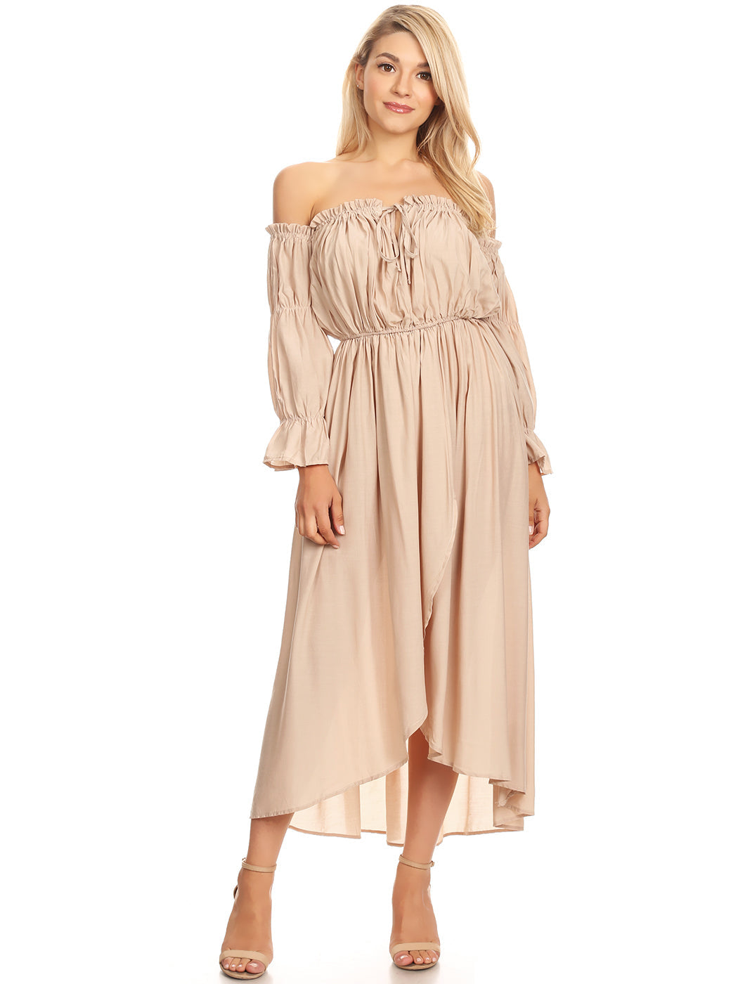 Vestido renacentista informal de manga larga con hombros descubiertos y estilo bohemio