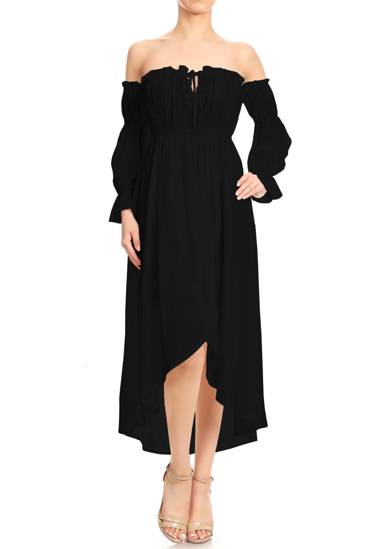 Vestido renacentista informal de manga larga con hombros descubiertos y estilo bohemio