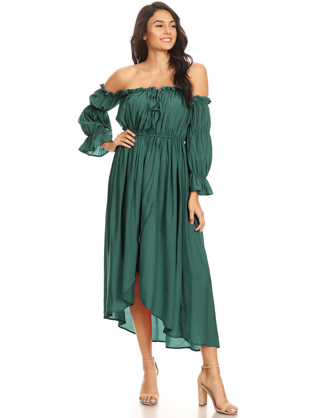 Vestido renacentista informal de manga larga con hombros descubiertos y estilo bohemio