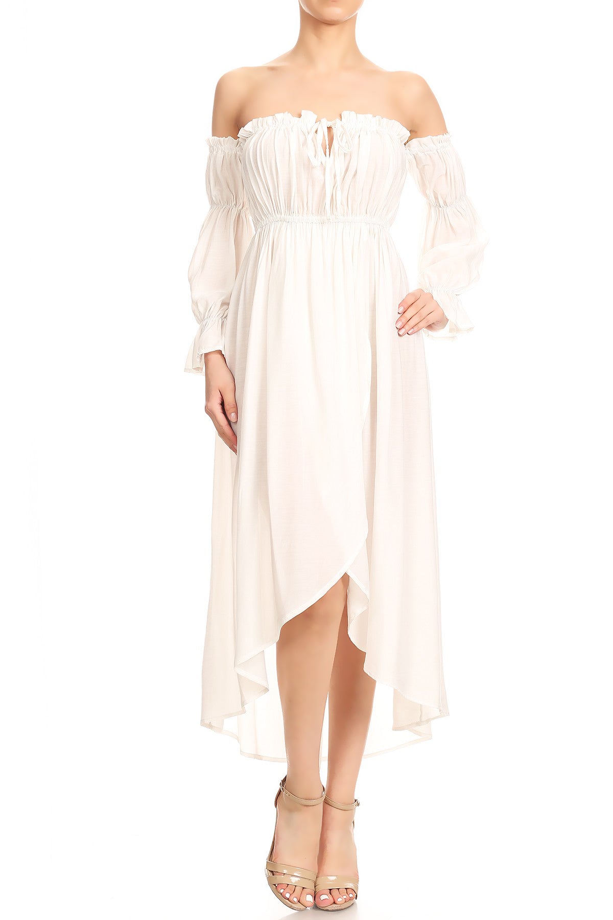 Vestido renacentista informal de manga larga con hombros descubiertos y estilo bohemio