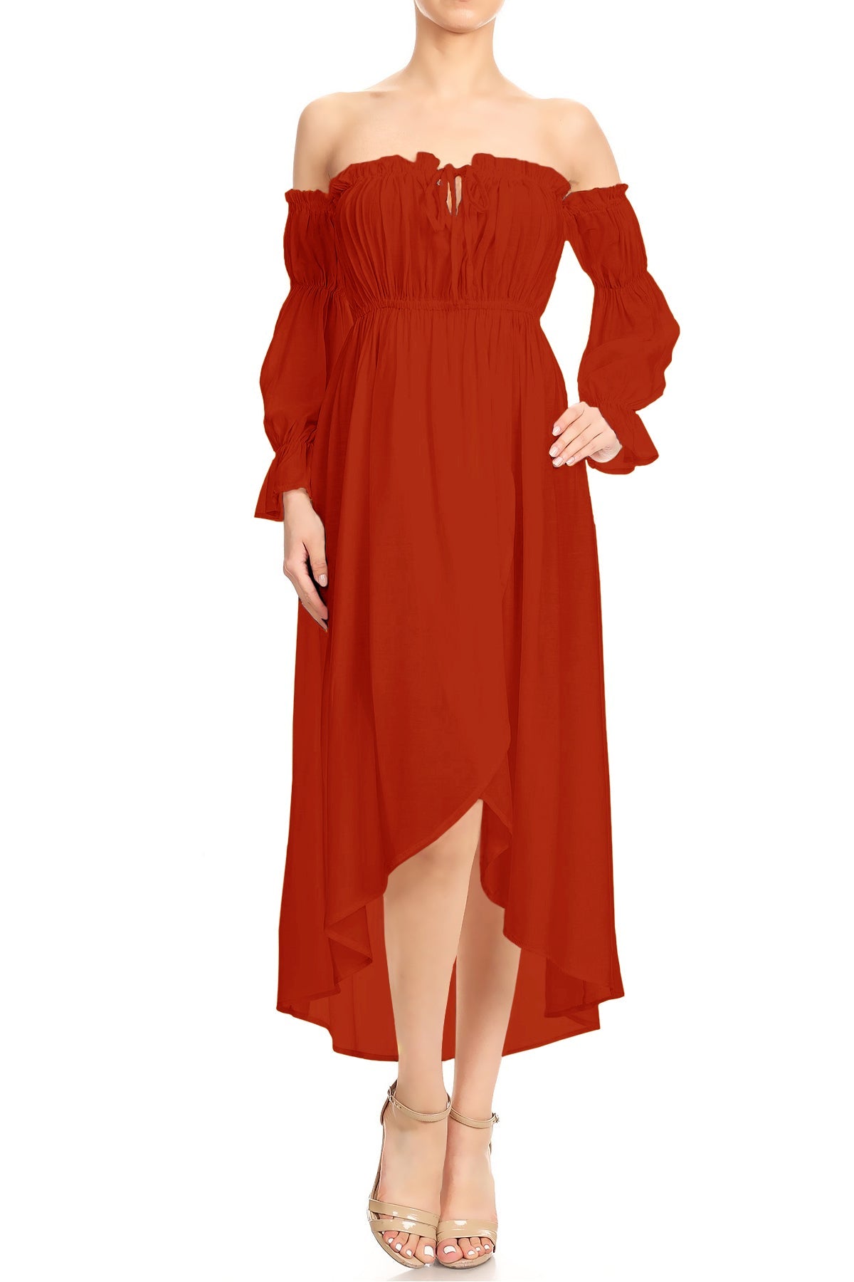 Vestido renacentista informal de manga larga con hombros descubiertos y estilo bohemio