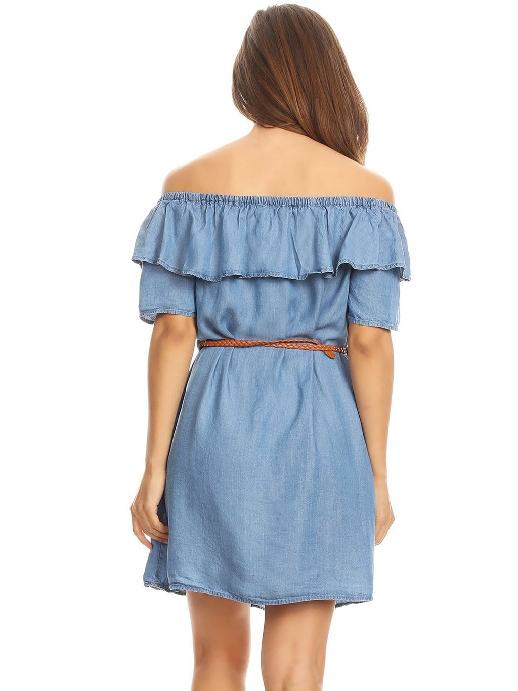 Vestido camisero corto de mezclilla con volantes, cómodo e informal con hombros descubiertos para mujer de Anna-Kaci