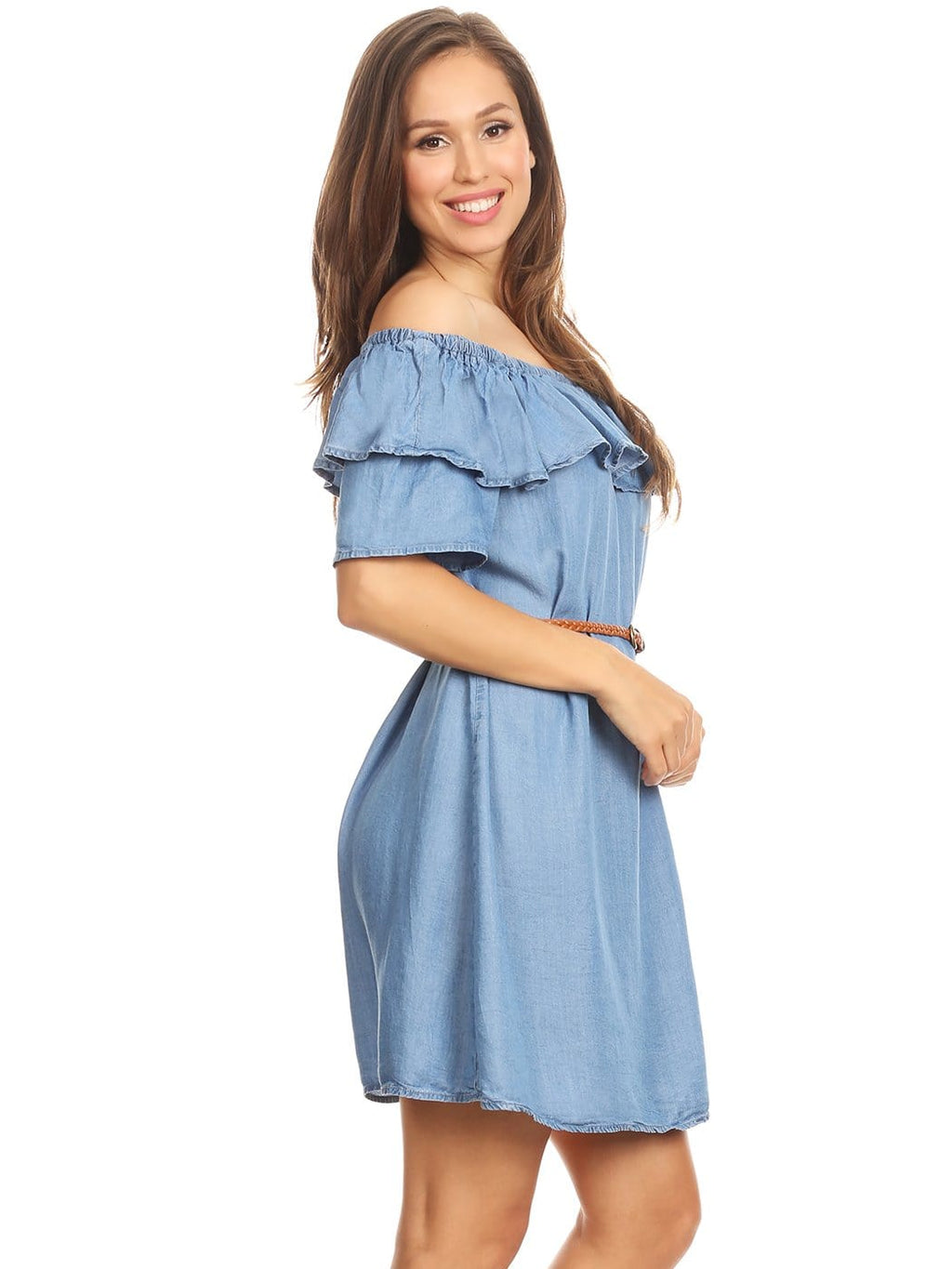 Vestido camisero corto de mezclilla con volantes, cómodo e informal con hombros descubiertos para mujer de Anna-Kaci
