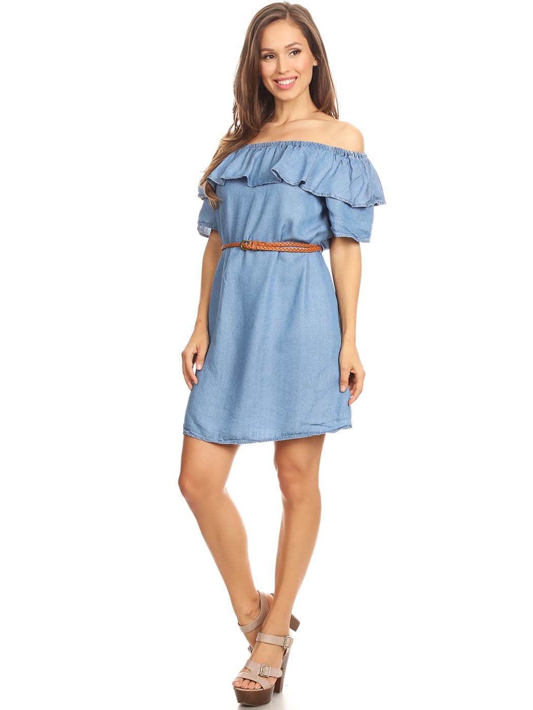 Off Shoulder Comfy Casual Ruffle Short Denim Slip Dress | Womens
