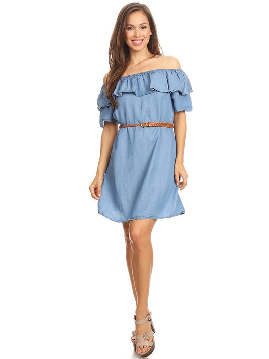 Vestido camisero corto de mezclilla con volantes, cómodo e informal con hombros descubiertos para mujer de Anna-Kaci
