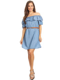 Vestido camisero corto de mezclilla con volantes, cómodo e informal con hombros descubiertos para mujer de Anna-Kaci