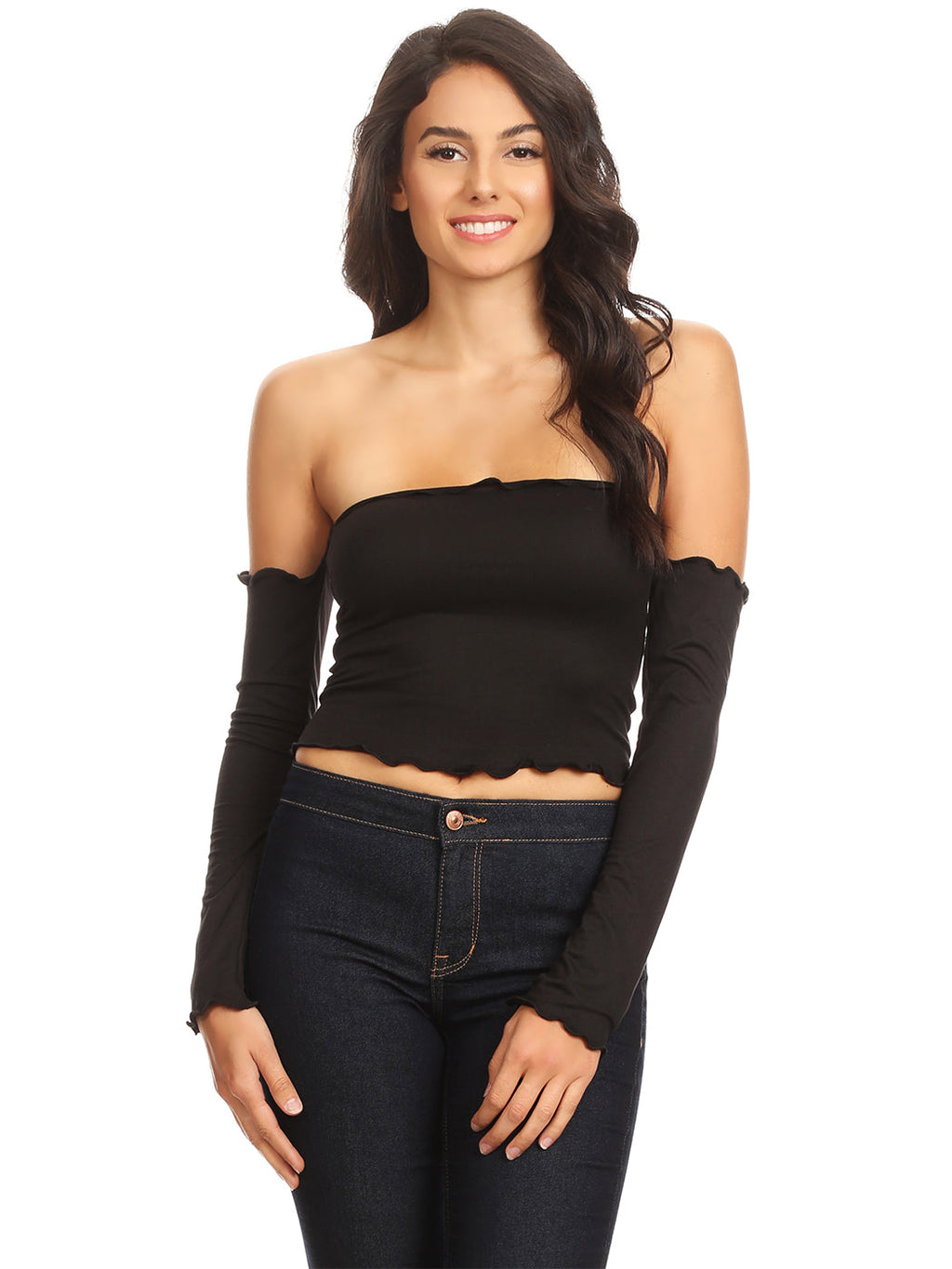 Top corto ajustado, elegante, con hombros descubiertos, mangas largas y volantes