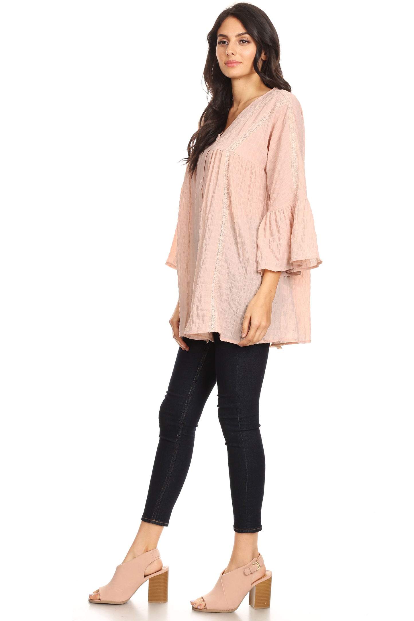 Blusa campesina de mujer con mangas acampanadas 3/4 y botones de crochet tejidos, color malva, talla pequeña