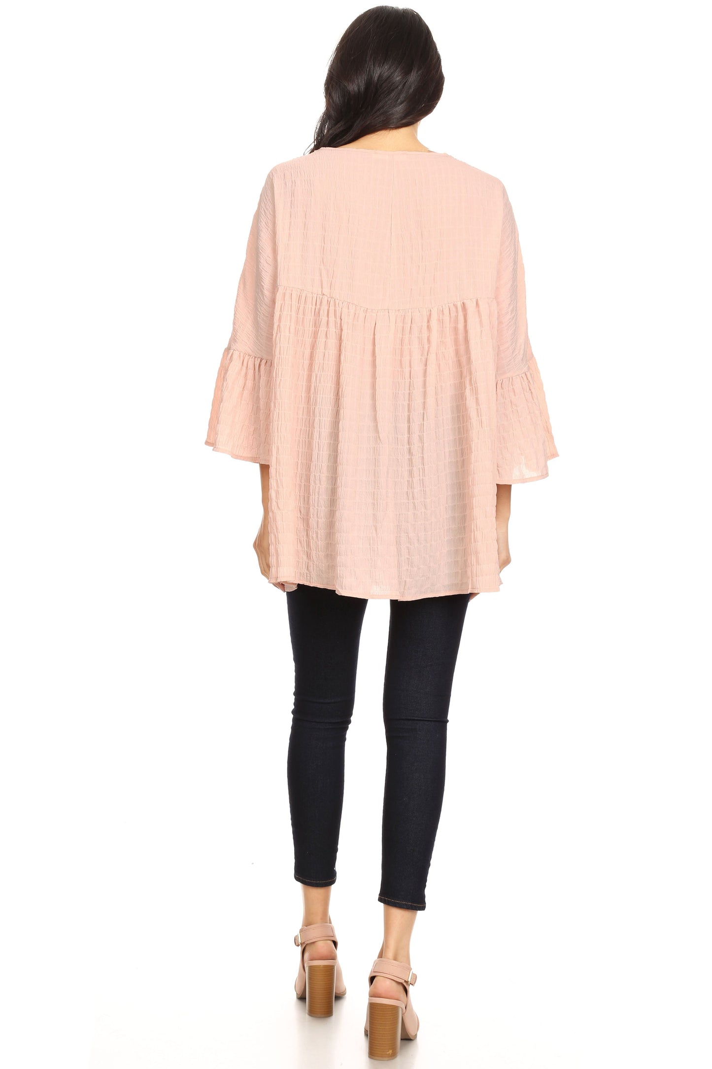 Blusa campesina de mujer con mangas acampanadas 3/4 y botones de crochet tejidos, color malva, talla pequeña