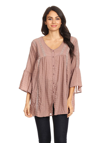 Womens Woven Crochet Button Plisse 3/4 Bell Sleeve Peasant Top,Mauve,Small