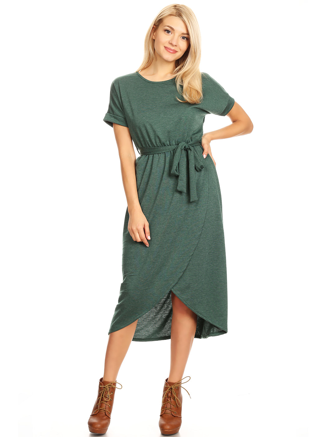 Solid Sleeve Midi Slit Dress