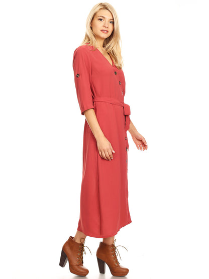 Button Front Belt-Tie Sleeve Dress