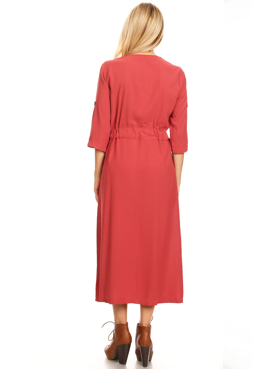 Button Front Belt-Tie Sleeve Dress