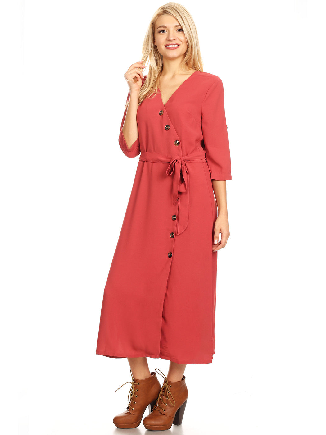 Button Front Belt-Tie Sleeve Dress