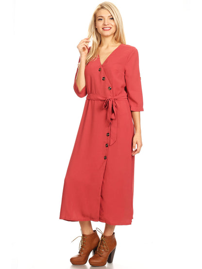 Button Front Belt-Tie Sleeve Dress