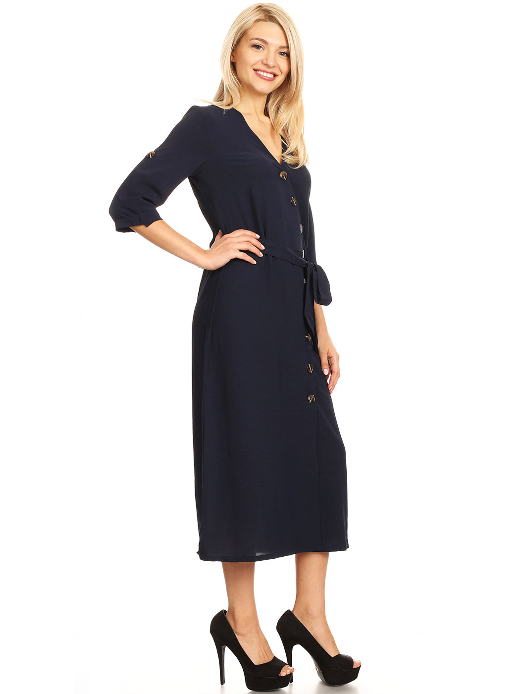 Button Front Belt-Tie Sleeve Dress
