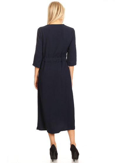 Button Front Belt-Tie Sleeve Dress