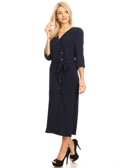 Button Front Belt-Tie Sleeve Dress