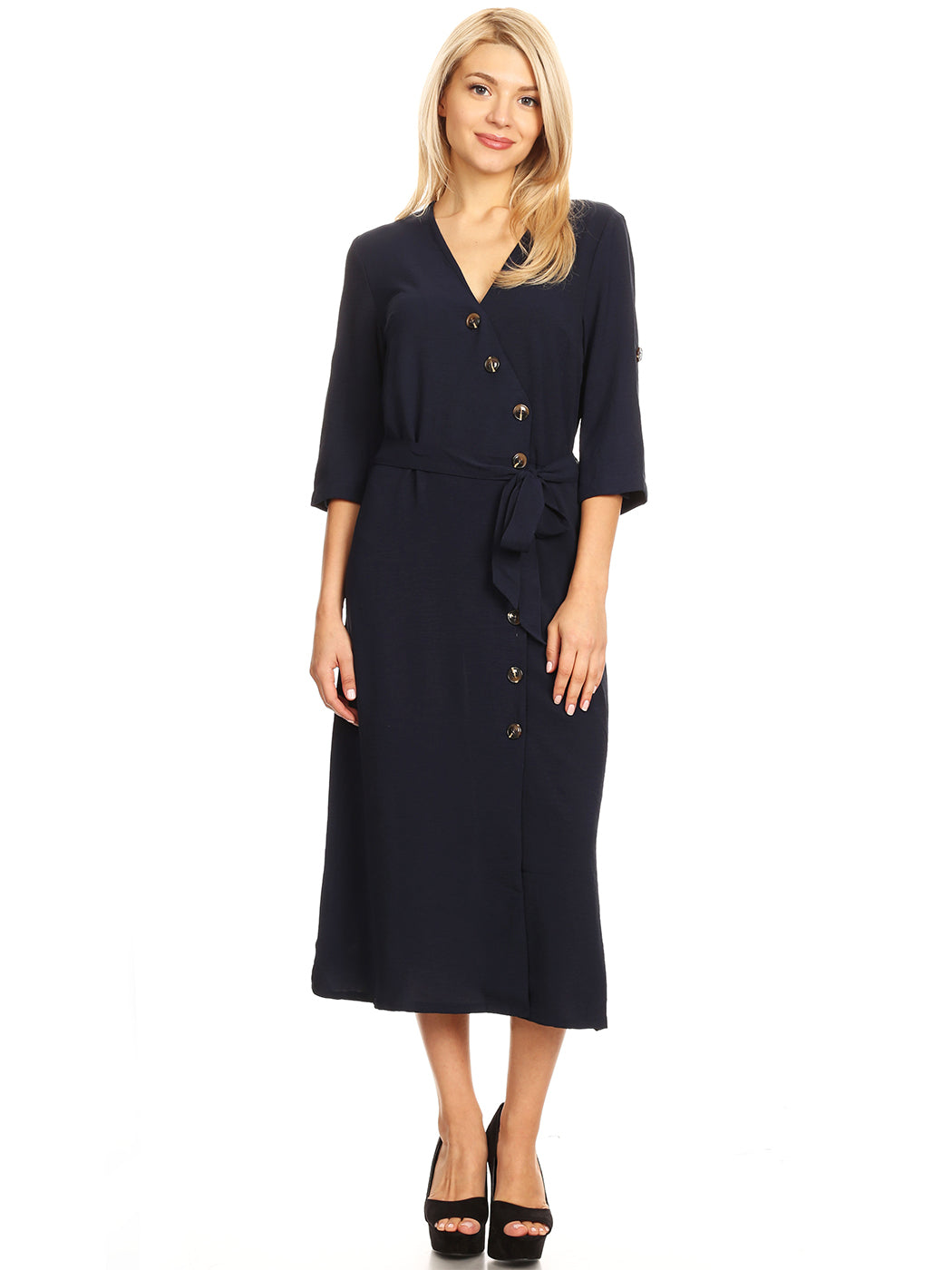 Button Front Belt-Tie Sleeve Dress