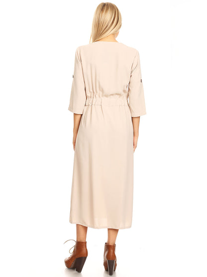 Button Front Belt-Tie Sleeve Dress