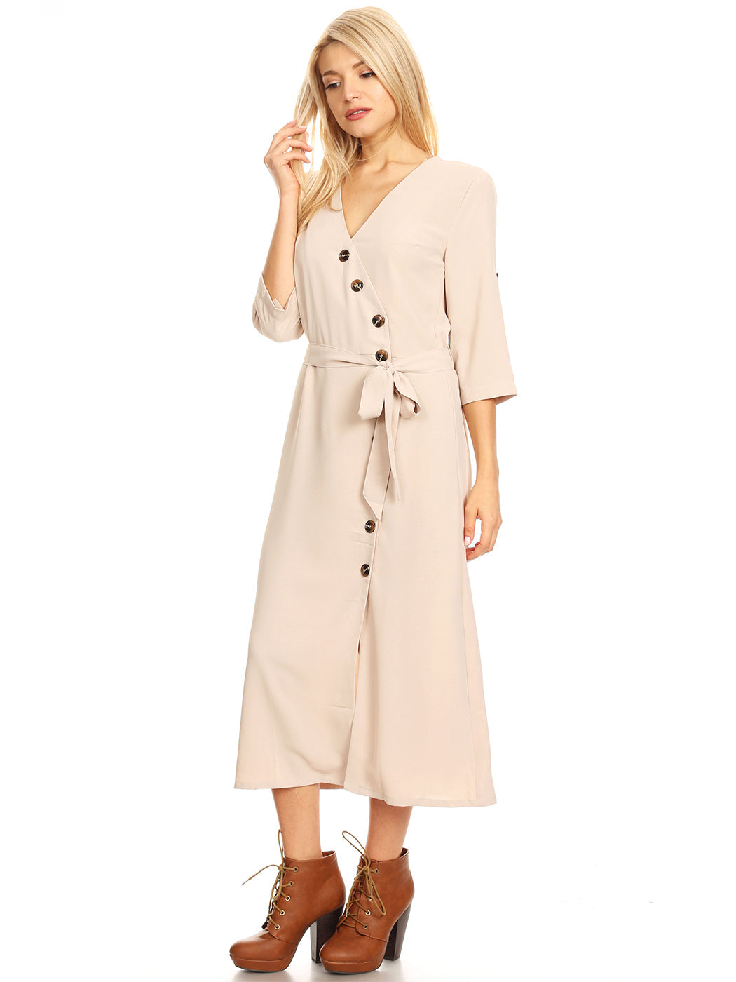 Button Front Belt-Tie Sleeve Dress