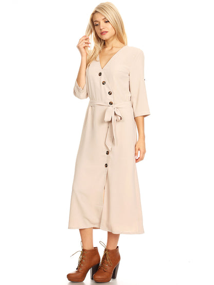 Button Front Belt-Tie Sleeve Dress