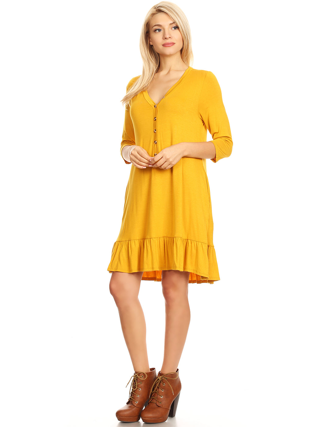 Button Down V-Neck Ruffle Tunic Dress