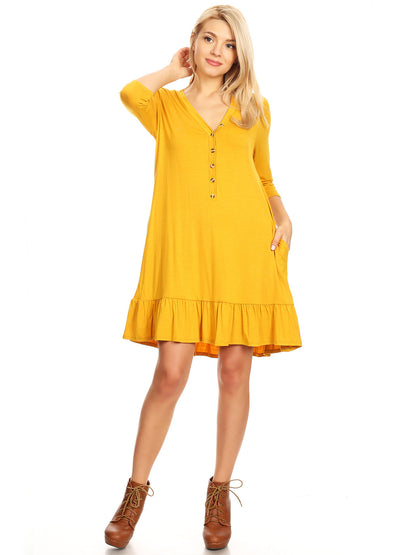 Button Down V-Neck Ruffle Tunic Dress