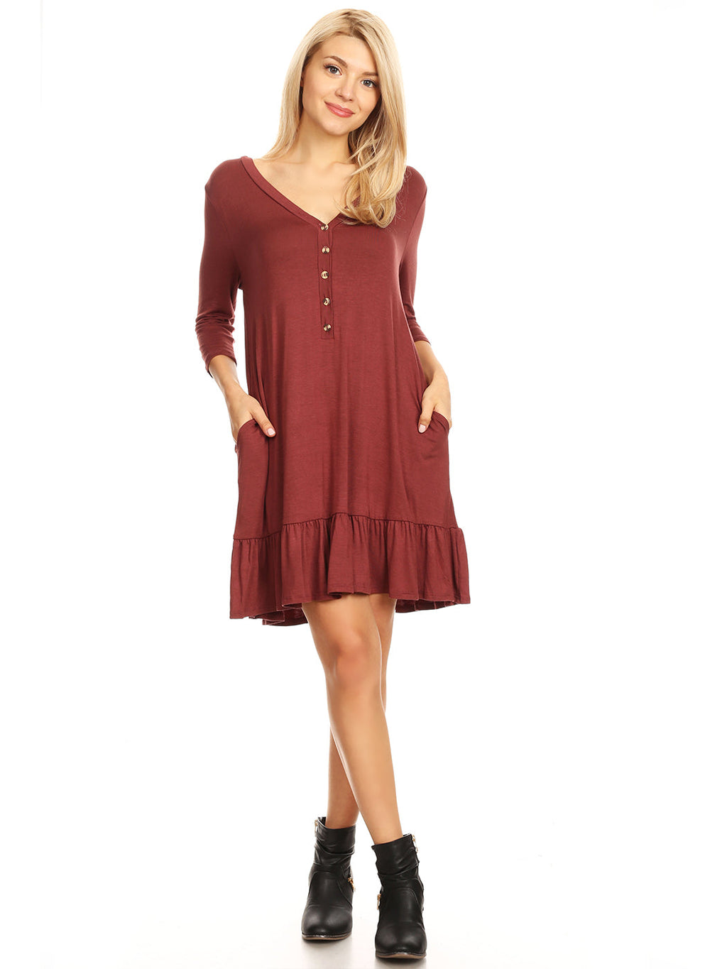 Vestido túnica con cuello en V, botones y volantes