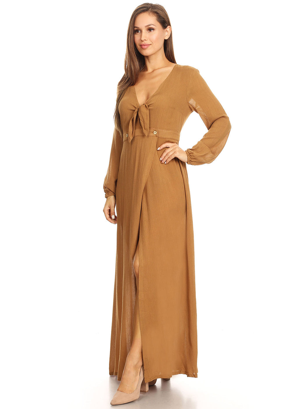 Vestido largo holgado con escote en V y manga larga