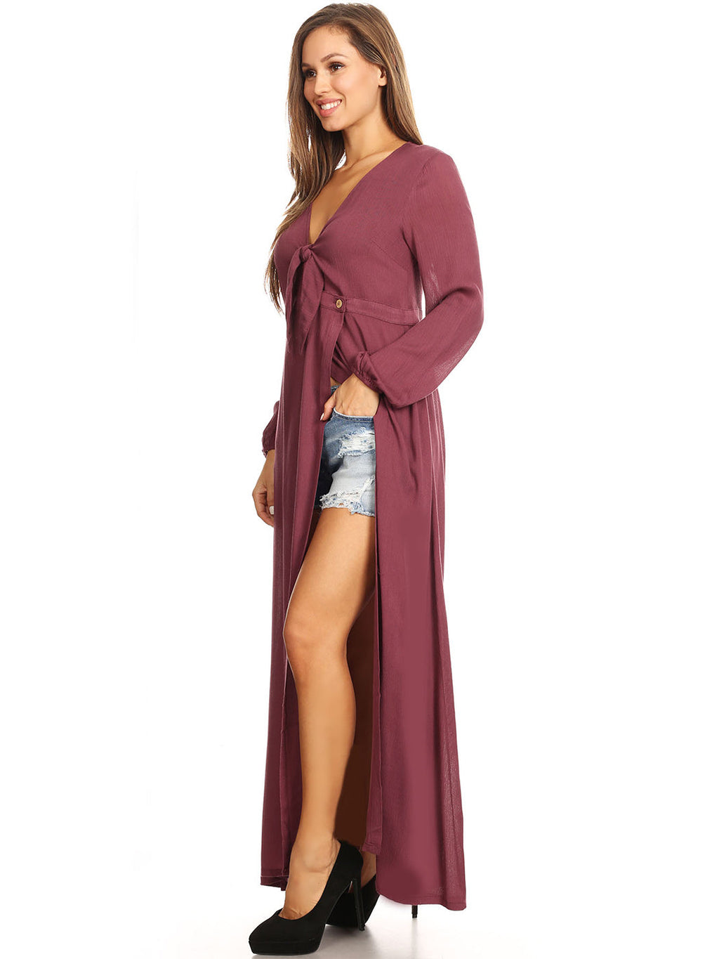Vestido largo holgado con escote en V y manga larga