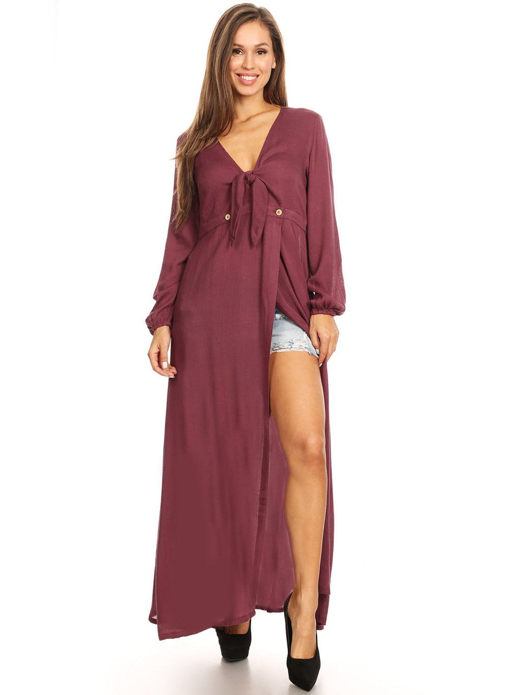 Vestido largo holgado con escote en V y manga larga