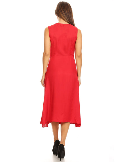 V-Neck Button Sleeveless Midi Swing Dress