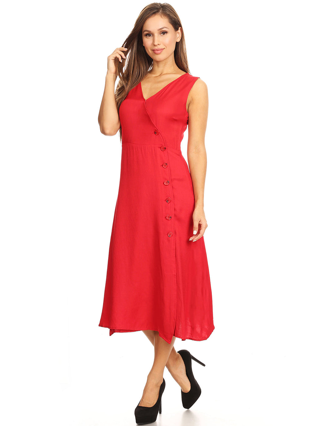 Vestido midi sin mangas con escote en V y botones