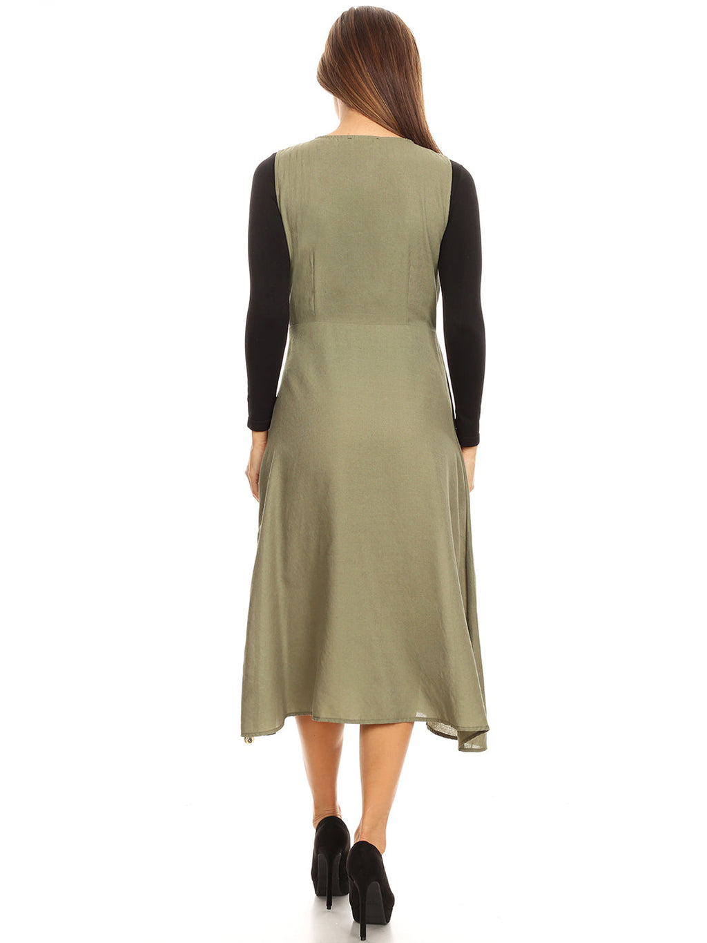 Vestido midi sin mangas con escote en V y botones