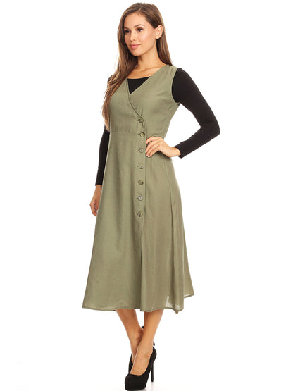 V-Neck Button Sleeveless Midi Swing Dress