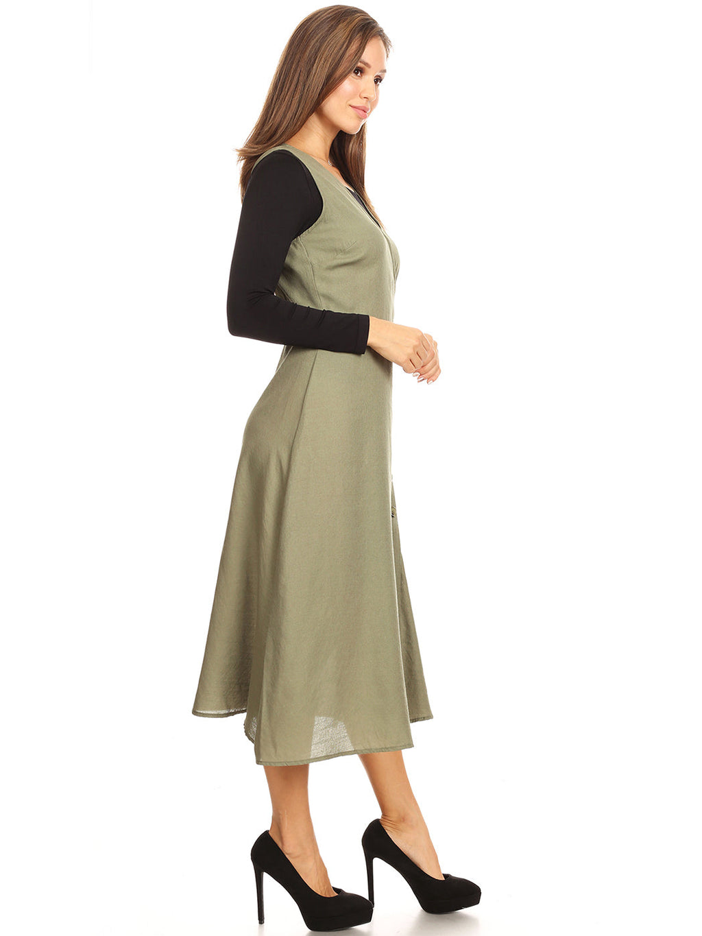 Vestido midi sin mangas con escote en V y botones