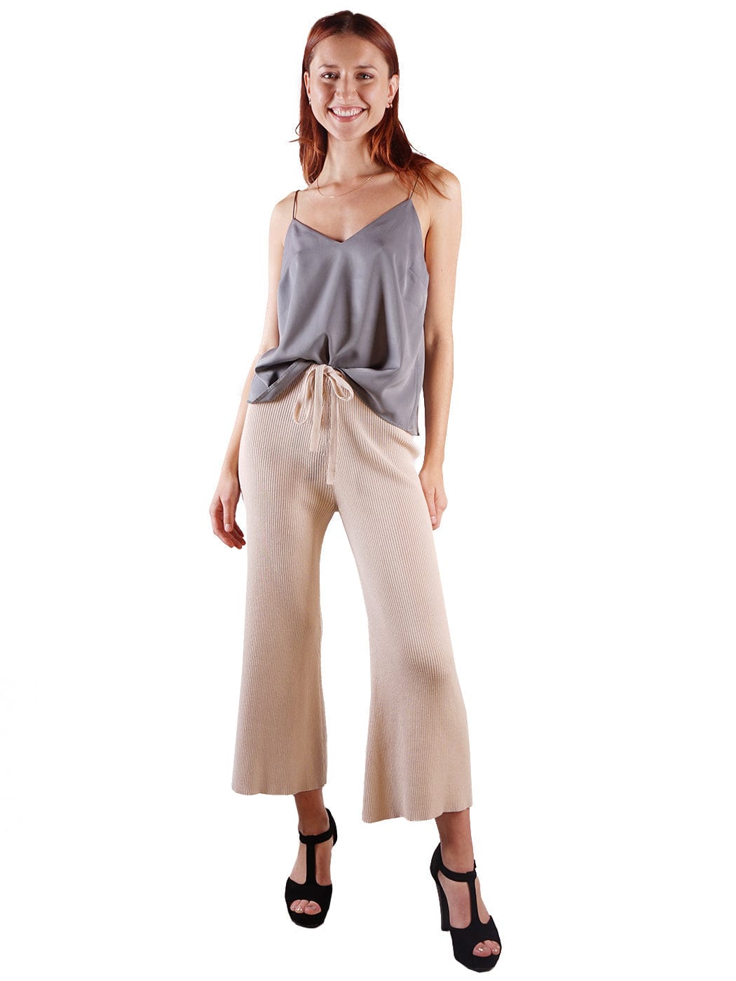 Cropped Wide Leg Pants With Drawstring Waist-Tie