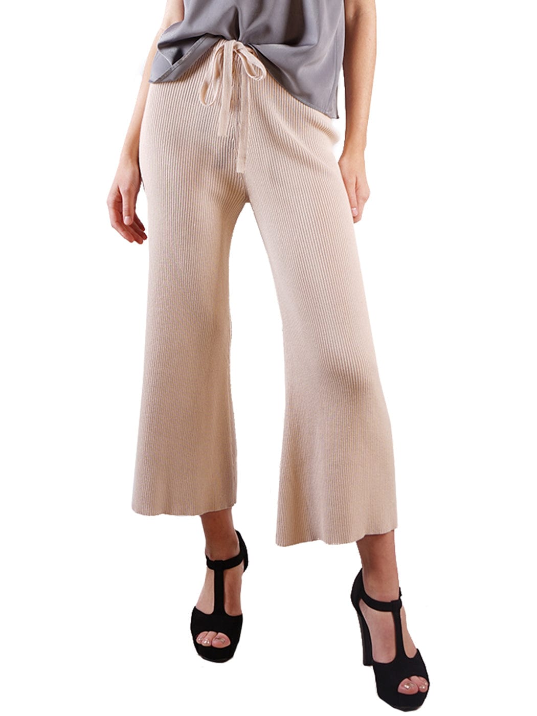 Cropped Wide Leg Pants With Drawstring Waist-Tie