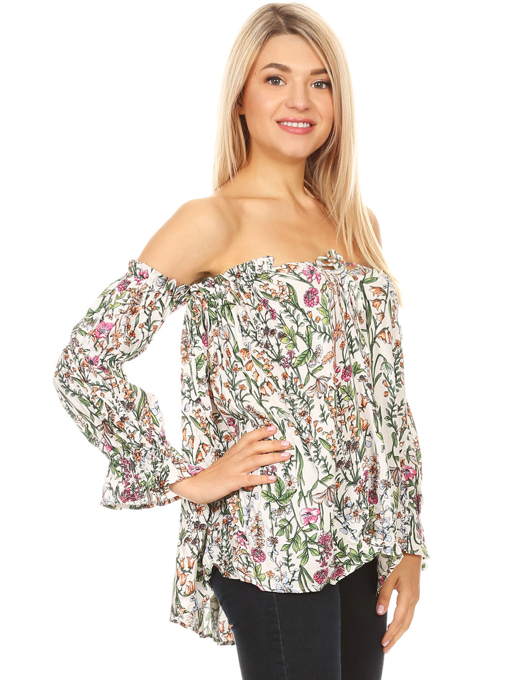 Blusa estilo bohemio semitransparente con mangas largas y hombros descubiertos para mujer