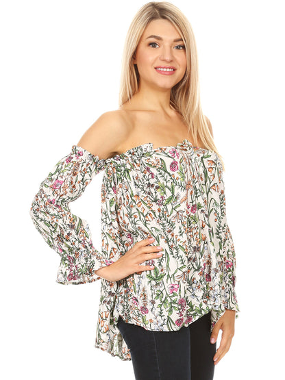 Womens Semi Sheer Boho Peasant Long Sleeve Off The Shoulder Top