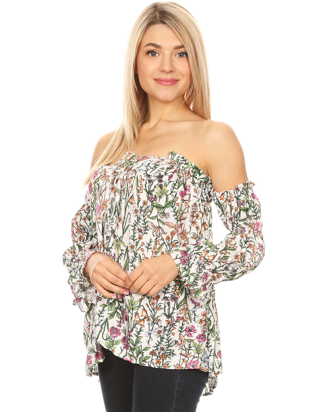 Blusa estilo bohemio semitransparente con mangas largas y hombros descubiertos para mujer