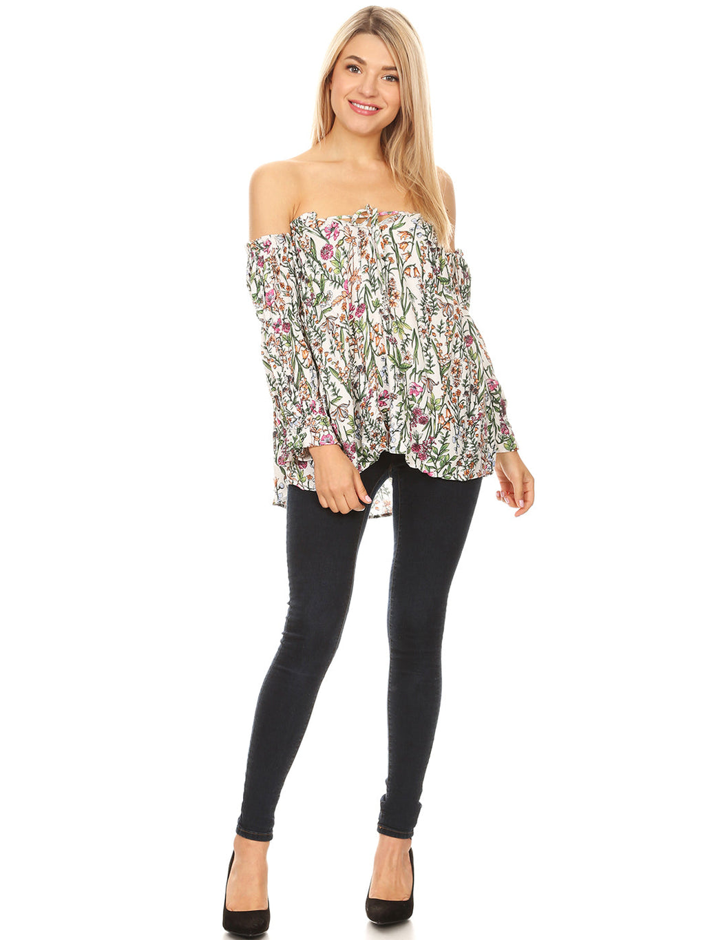 Blusa estilo bohemio semitransparente con mangas largas y hombros descubiertos para mujer