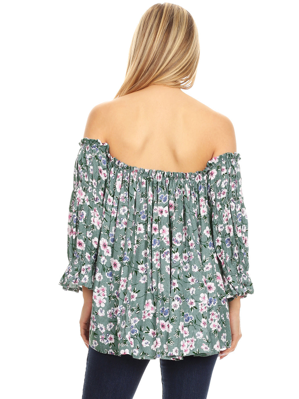 Blusa estilo bohemio semitransparente con mangas largas y hombros descubiertos para mujer