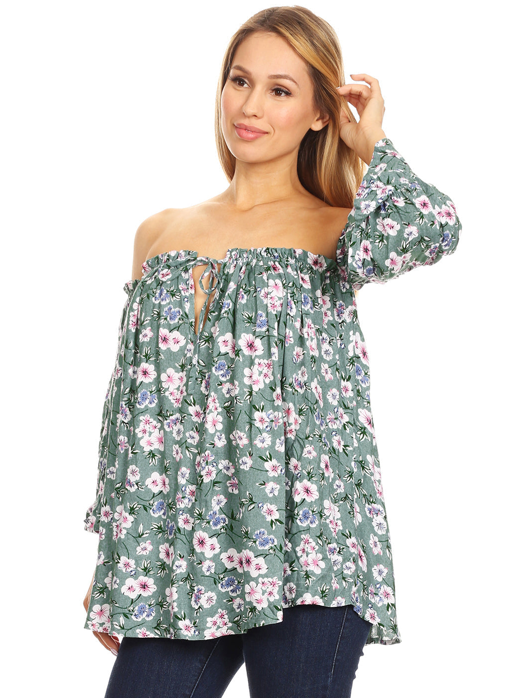 Blusa estilo bohemio semitransparente con mangas largas y hombros descubiertos para mujer