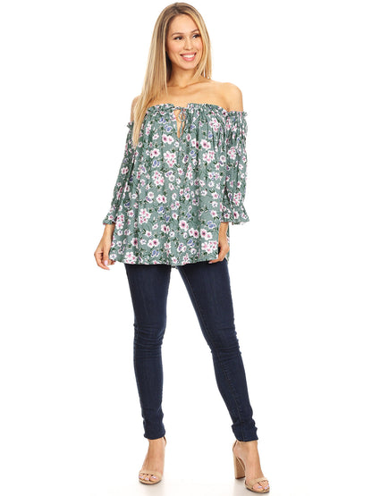 Womens Semi Sheer Boho Peasant Long Sleeve Off The Shoulder Top