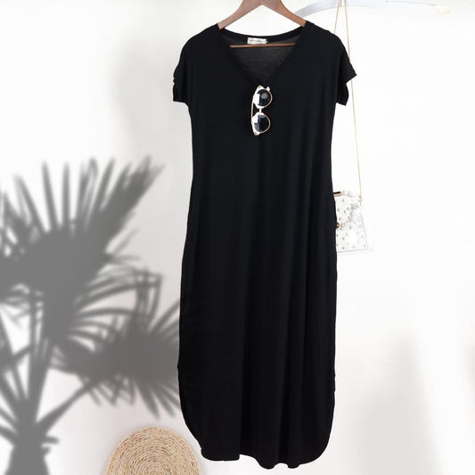 Vestido largo de salón con escote en V y manga corta
