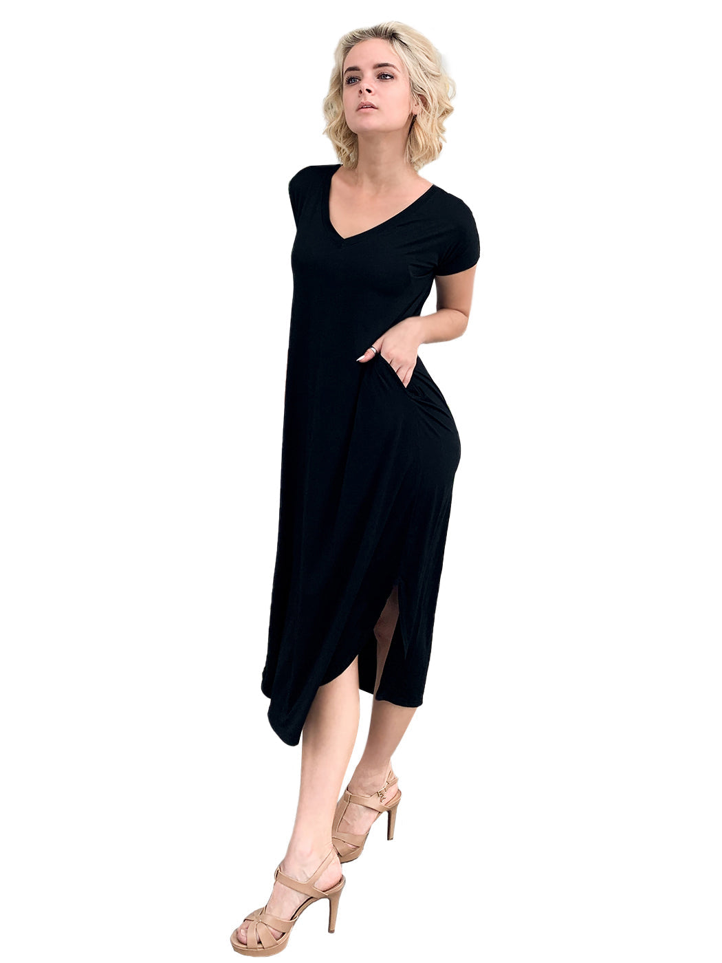 V-Neck Short Sleeve Slit Dress